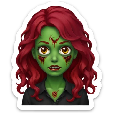 Faça me um emoji de um zumbi mulher de cabelos vermelho escuro longos ondulado usando uma blusa preta, faça no estilo iphone, o tom de pele dela tem que ser verde  sticker