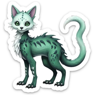 Scaley Kawaii spooky dark bleak blackish swampy white-skeletal gloomy ghostly dark greyish dark-deep-greenish foggy eldritch beautiful realistic edgy fantasy ghoul-like stitched feline-vernid-sergal-fursona animal creature with a tufted tail full body with intricate markings  sticker