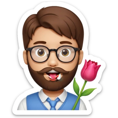 Brown hair guy and a heart shaped eyes with his tongue out with a beard and glasses with a hello kitty and a tulip in his hand   sticker