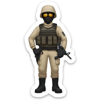 White male, call of duty mask, tan tactical gear, tan pants, combat boots, black beanie, blue eyes, no glasses sticker