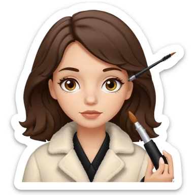 Garota branca de cabelos levemente ondulados castanhos escuros médio aplicando máscara de cílios, ela veste casaco off white estilo cozy sticker