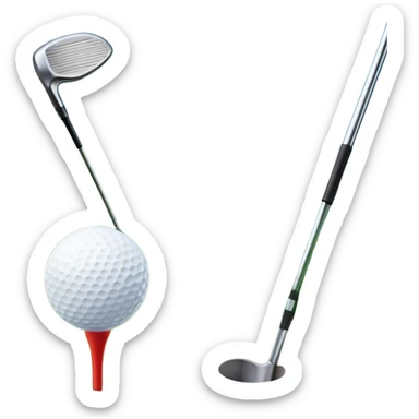 A golf ball on a tee, with a golf club placed beside it on the lush green fairway. The background shows a serene golf course with neatly trimmed grass and a clear blue sky, emphasizing the elegance and precision of the game. sticker