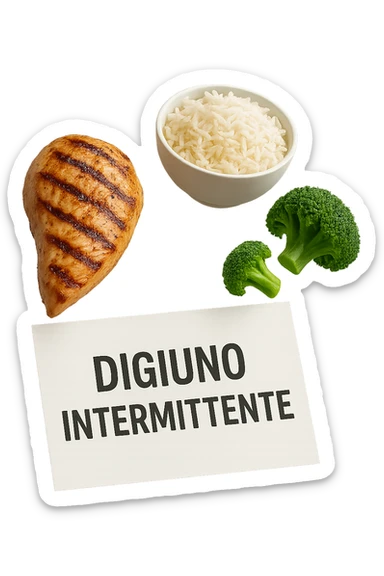 petto di pollo grigliato, bowl di riso basmati e broccoletti fluttuano in aria insieme ad un foglio con la scritta "DIGIUNO INTERMITTENTE", iperrealistico 4k sticker