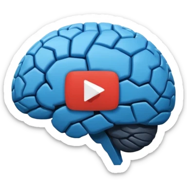 Minimalist flat icon design, brain silhouette with YouTube play button triangle integrated inside, clean vector style, single color or gradient, simple lines, professional logo style, white background, centered composition sticker