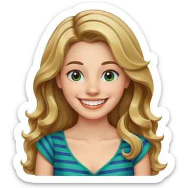 30 yr Caucasian woman long brown wavy hair parted on side blond stripe in hair blue green dress ,big smile white teeth, dimples sticker