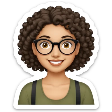 Young Latina with light brown skin. Cheerful round face. Brown eyes behind black glasses. Thick natural eyebrows. Curly hair reaching shoulders, voluminous with defined curls. Big smile showing dimples. Wearing olive green shirt with wide straps. sticker
