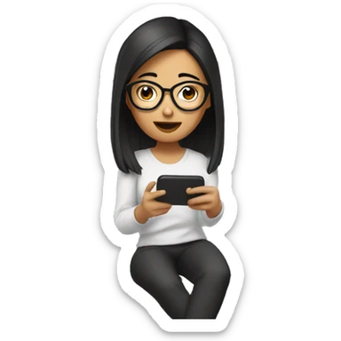 Asian girl with glasses on her phone sitting on a bed sticker