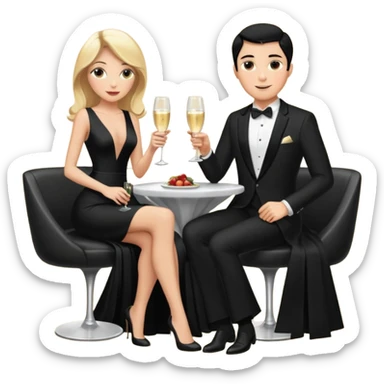 Blonde woman, black, Long, tight, sleveless Dress, Slot left Leg, man, DARK Hair, in Dinner jacket, Background bedroom, drinking champaign sticker
