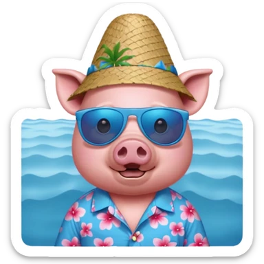 Pig with blue aloha shirt, birthday hat, sunglasses sticker