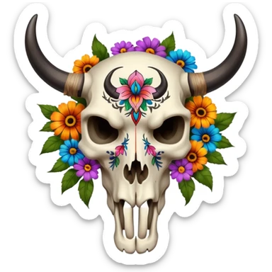 Aesthetic bull skull cranium with an asymmetrical arrangement of flowers, black painted tribal tattoo pattern markings  sticker