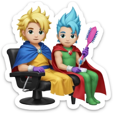 1 female koopaling behind a male koopaling, a female koopaling (🎀🩷👄🧿📿💍) wearing gloves and glopping the hair dye brush, A male koopaling (🧒🦷💙💚) sitting in the salon chair wearing a cape on his neck getting bleach on his hair sticker