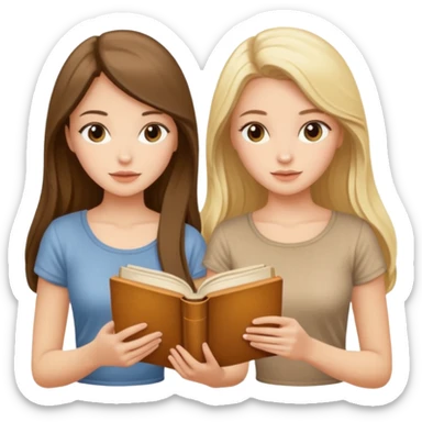 two beautiful girls in beige tops reading a beautiful vintage book. one brunette, the other blonde. both with long hair with and beige T-shirt  sticker