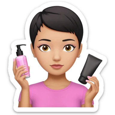 tan girl pink shirt with black hair & a pixie, doing her skin care sticker