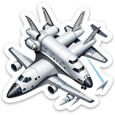 An icon featuring a collage of a space shuttle, a drone, and an airplane, symbolizing aerospace technology. The design includes rocket engines, wings, and flight paths, representing advancements in aviation and space exploration. Transparent background highlights cutting-edge aerospace engineering. sticker