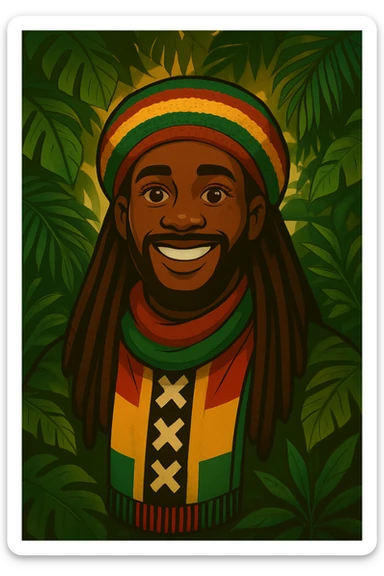 “Create a powerful illustrated portrait of a smiling man with long dreadlocks, wearing a colorful red, gold, and green knitted tam. The background has jungle leaves and warm lighting. Style: vibrant digital art, modern, bold lines, reggae vibe. With a Amsterdam colour scarf around his neck I gave a idea sticker
