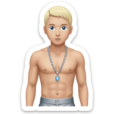 Eminem with blonde hair, shirtless with necklace, metallic silver pants, blue eyes sticker