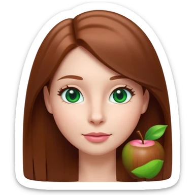 a young woman with a sweet expression, smooth fair skin, emerald green eyes, small straight nose, soft nude-pink lips with a gentle smile, and long, straight chestnut brown hair parted in the center. Clean white background, soft lighting, minimalist Apple emoji 3D style. sticker