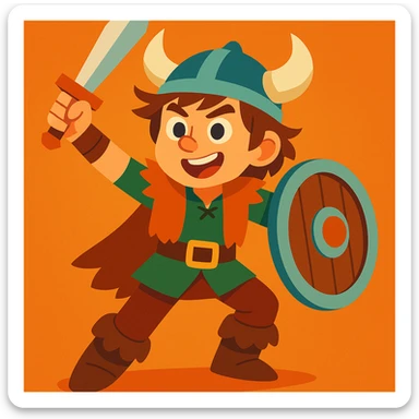 young Viking boy from How to Train Your Dragon, brown hair, wearing Viking attire, friendly and brave, dynamic pose, vibrant animated style sticker