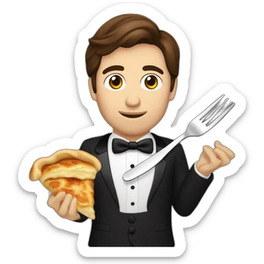 brown haired Man eating bosnian meal called Burek with fork and knife while wearing a tuxedo sticker