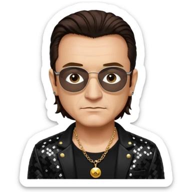 Bono with black sequin jacket, black shirt with necklace, dark brown medium hair sticker