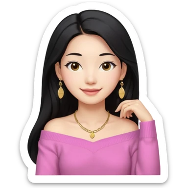 South Korean girl in her mid-thirties with long black hair parted in the middle. She is wearing a pink, off the shoulder long sleeve knit sweater, extra small gold earrings and a gold necklace. She has brown eyes with narrow, mono lid shape and smiling with lips together sticker