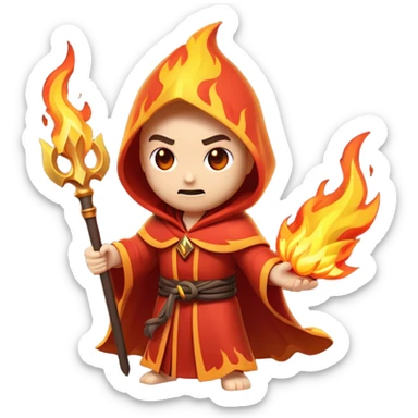 Clash of Clans aesthetic: Cinematic Ferocious Fire Mage Hero closeup Emoji, rendered in a 3D vector-style similar to standard emojis with minimal shading and bold, simplified shapes. A compact, isometric figure draped in flowing, charred and ember-lined robes, wielding a fiery staff crackling with intense flames. Eyes burning with an infernal glow, exuding raw, untamed power. Simplified yet unmistakably iconic, highly detailed and consistent, glowing with a fiery, molten radiance and high shine. Stylized with a touch of menacing sorcery and a searing, ember-infused outline, capturing the essence of a wrathful mage ready to unleash devastating fire magic! sticker