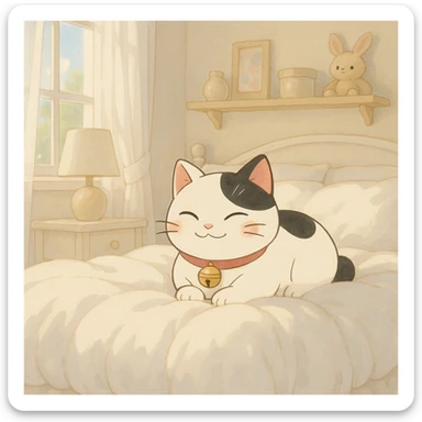 White and black Chinese lucky cat in a cozy on a soft puffy white duvet covered bed in bright white and clean girl aesthetic bedroom, kawaii  sticker