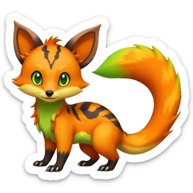 Rare tropical warm-colored exotic cute epic aesthetic colorful Salandit-Eevee-Civet-species-Fakemon-hybrid-creature, with wild fiery markings, full body sticker