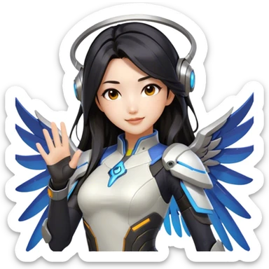 An Asian girl with dark long hair and dark eyes, wearing futuristic clothes like Mercy from Overwatch, has her wings. On the background is nebula of yellow, orange, red and turquoise colours. She's waving happily as greeting someone  sticker