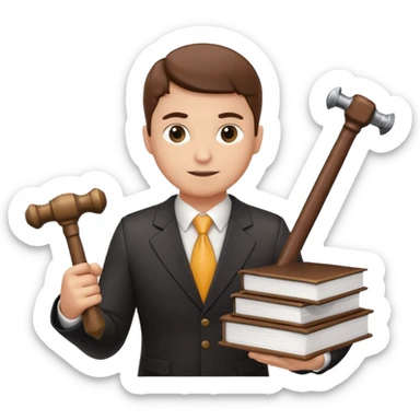 Create an emoji symbolizing the legal support of the business and financial assistance from accountants. The image should combine the image of a lawyer with a hammer of justice and an accounting book next to the logo of a reliable company protecting the interests of business. sticker