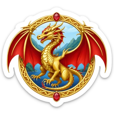 Golden Dragon with wings crest/brosch in a circle with red gems sticker