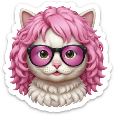 White cat wearing pink curly wig, black sunglasses sticker