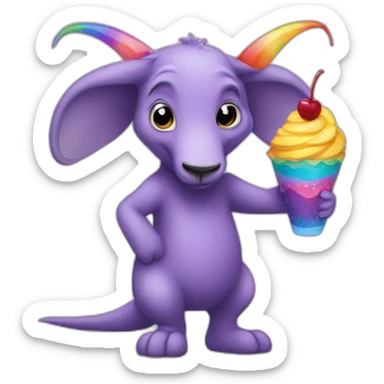 Full body Purple aardvark with a long nose holding a rainbow parfait sticker