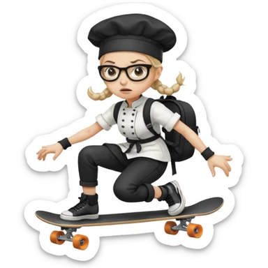 ["An angry woman with light skin, ponytail, wearing a chef hat and square glasses, dressed in goth fashion, is skateboarding while holding a backpack."] sticker