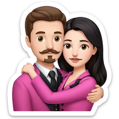 tall white man with brown hair goatee mustache hugging a pale woman with long black hair, wearing pink formal clothing sticker