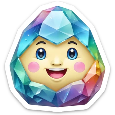 A single pastel rainbow crystal rock character, chubby and heavy with a chunky, irregular polygon shape, not egg-shaped, covered in faceted crystal planes and small chips, soft blue face carved into the rock, big glossy rainbow eyes and a small smiling mout sticker