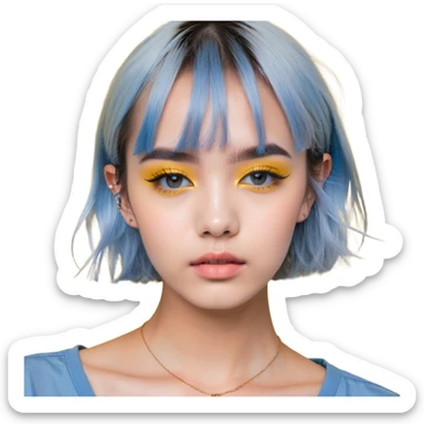 profile picture of a 22-year-old girl with short hair, cool tone makeup, blue shirt sticker
