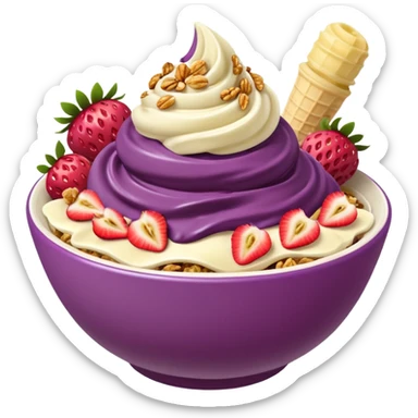 acai purple soft serve in a bowl strawberries and granola and chopped banana sticker
