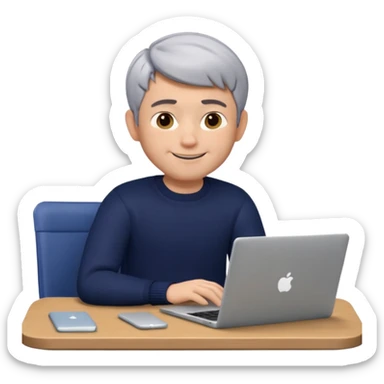 3D Memoji of the man from the photo, short salt-and-pepper hair, dark navy sweater, sitting with a silver laptop, Pixar style, white background, professional smile sticker