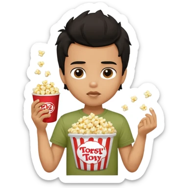generate a pretty tan bratz boy with a brown tshirt on. eating a popcorn. messy black hair sticker