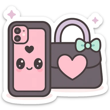pink and black gothic phone case, kawaii style, big eyes, smiling, cartoonish, playful, matches gothic purse sticker