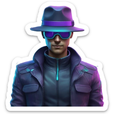 Secret human agent in a hat with  cyberpunk elements in VR googles scanning looking reviewing multicolor lines of code, cyan and purple colors, only upper body portrait sticker
