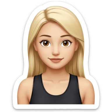 sporty young woman with long straight blonde hair center part light skin big brown eyes defined brows winged eyeliner full nude lips friendly smile wearing black sleeveless athletic top smooth polished cartoon-like sticker