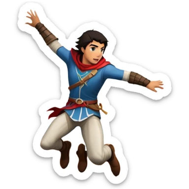 An icon featuring a hero performing a leap of faith from a tower in Florence, inspired by adventure games like Assassin's Creed. The design captures the dramatic moment mid-air, with detailed architecture and a bustling city below. Transparent background sticker