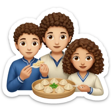 Can you create an emoji of three 23 year olds eating dumplings. One boy with brown curly hair one Jewish girl and one half Indian / half white girl.  sticker