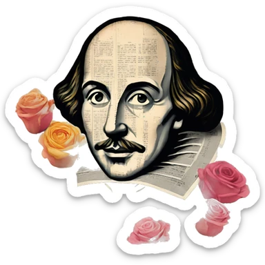 Shakespeare person made of newspaper cuttings wearing flowers,  collage of intricate patterns, roses flowers sticker