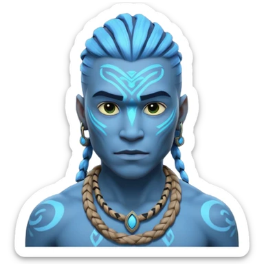 avatar-style Na’vi male portrait, head and shoulders only, blue skin, bioluminescent markings, strong face features, braided hair, tribal necklace, heroic expression, 3D cartoon, mobile game icon style, clean background, no text, no watermark
 sticker
