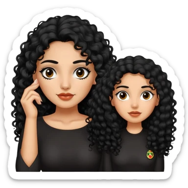 Mujer hermosa de cabello rizado largo color negro, ojos negros, con un lunar debajo del ojo izquierdo y también un lunar arriba de la ceja izquierda, mexicana con una blusa color negra sticker