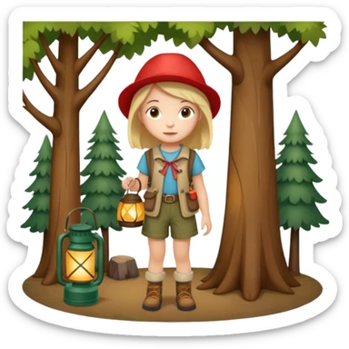 Adorable little girl in camping attire standing beside a tree holding a lantern, looks like it is made of felt texture, scrapbooking style, transparent background sticker