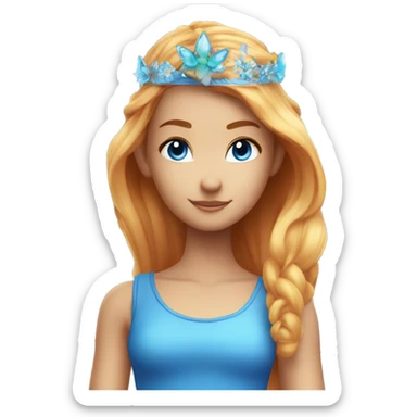 bloom winx fairy with rad hair and blue eyes and in blue shirt with wings and crown sticker